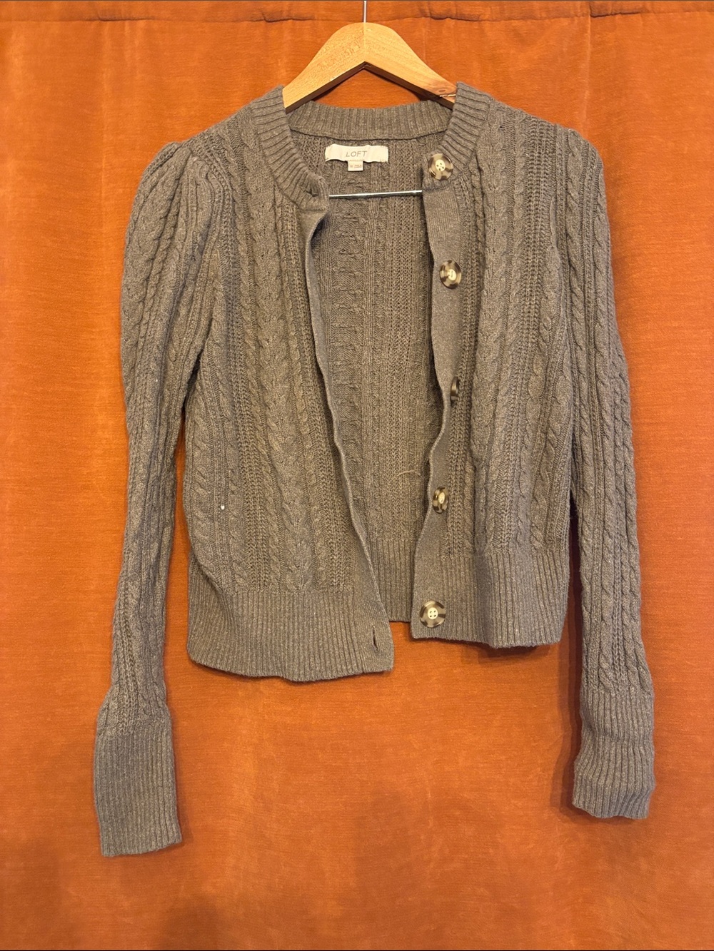 LOFT Gray Cable-Knit Button Cardigan